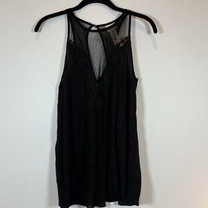 Daytrip Black Scoop Neck Woven Tan Lace Trim Sheer Tank Top Small
